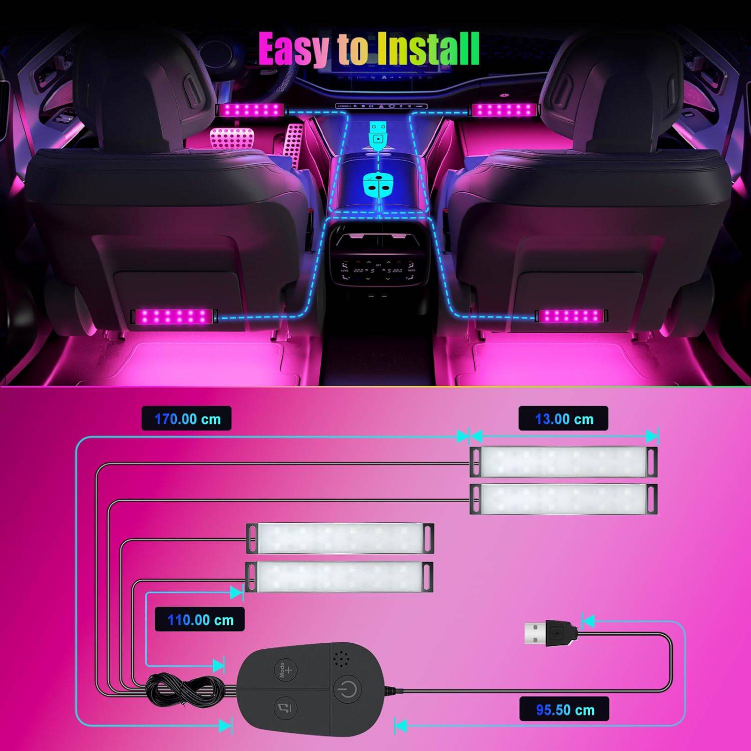 LED auto interieurverlichting USB | met app bestuurbaar | gaat mee op muziek - Ready Led's Go