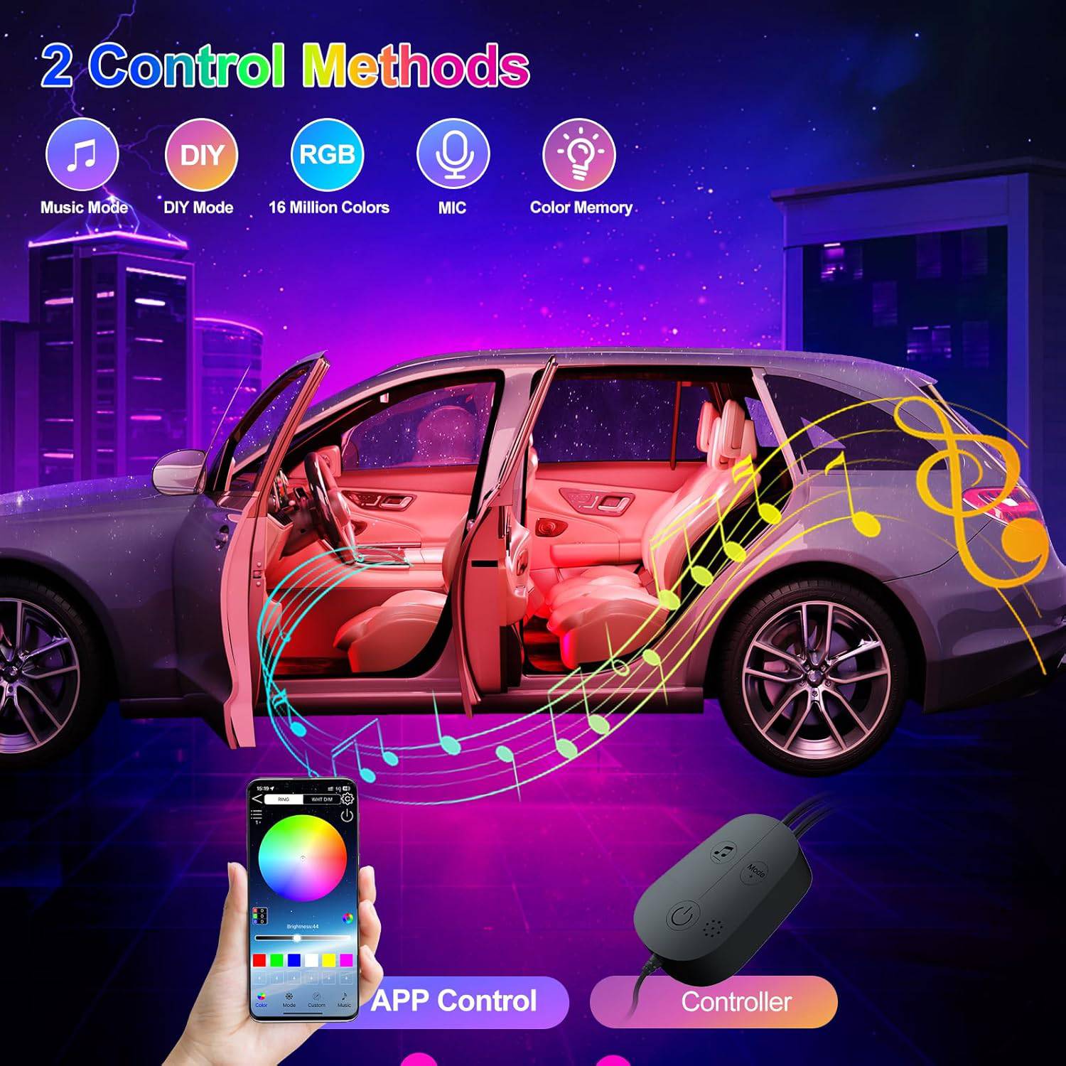 LED auto interieurverlichting USB | met app bestuurbaar | gaat mee op muziek - Ready Led's Go