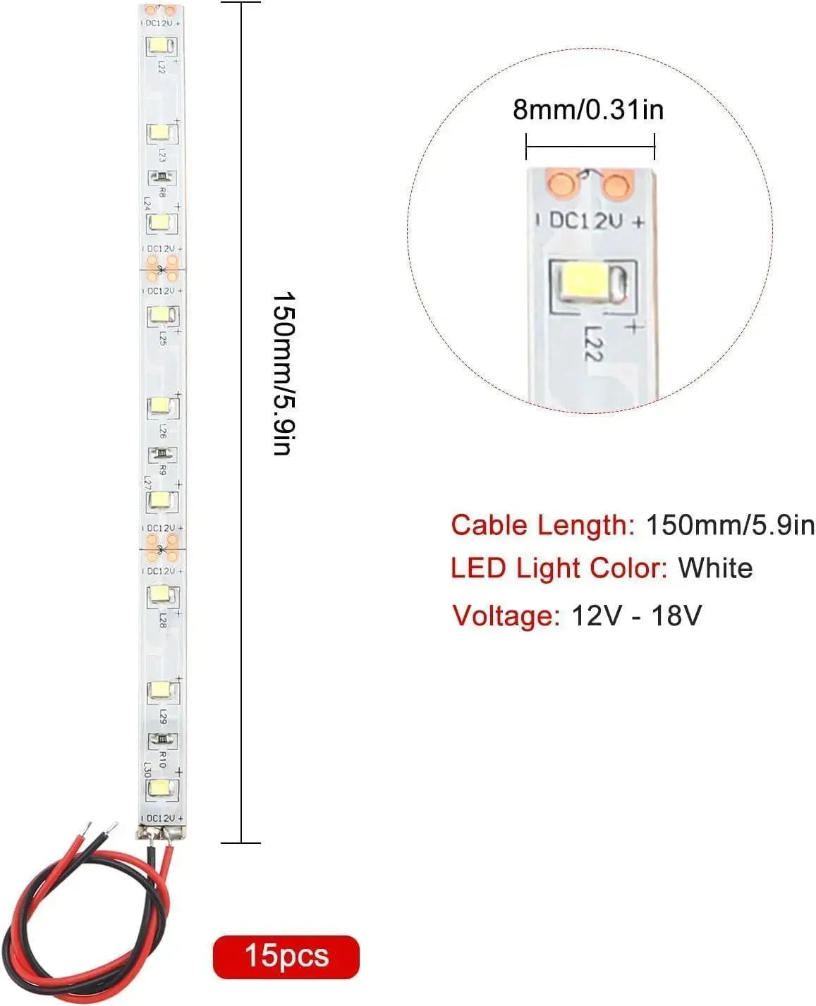 15 Stuks 150mm Voorbedrade Strip LED 2335 SMD Licht 12V - 18V Wit