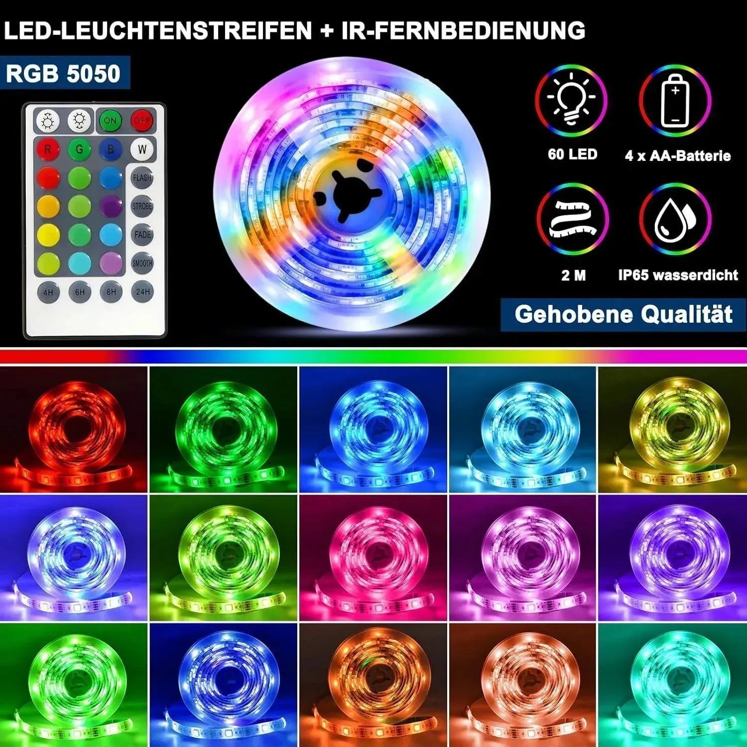 2m RGB LED Strip op Batterijen - IR Afstandsbediening & Waterdicht