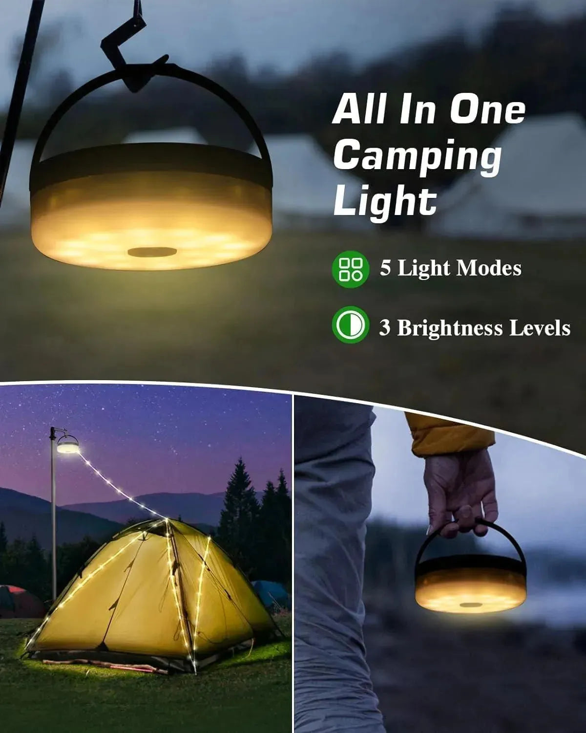 Solar Buitenlamp Multifunctioneel | 12M lang | USB | Waterdicht | Tentlamp | 8 Modes